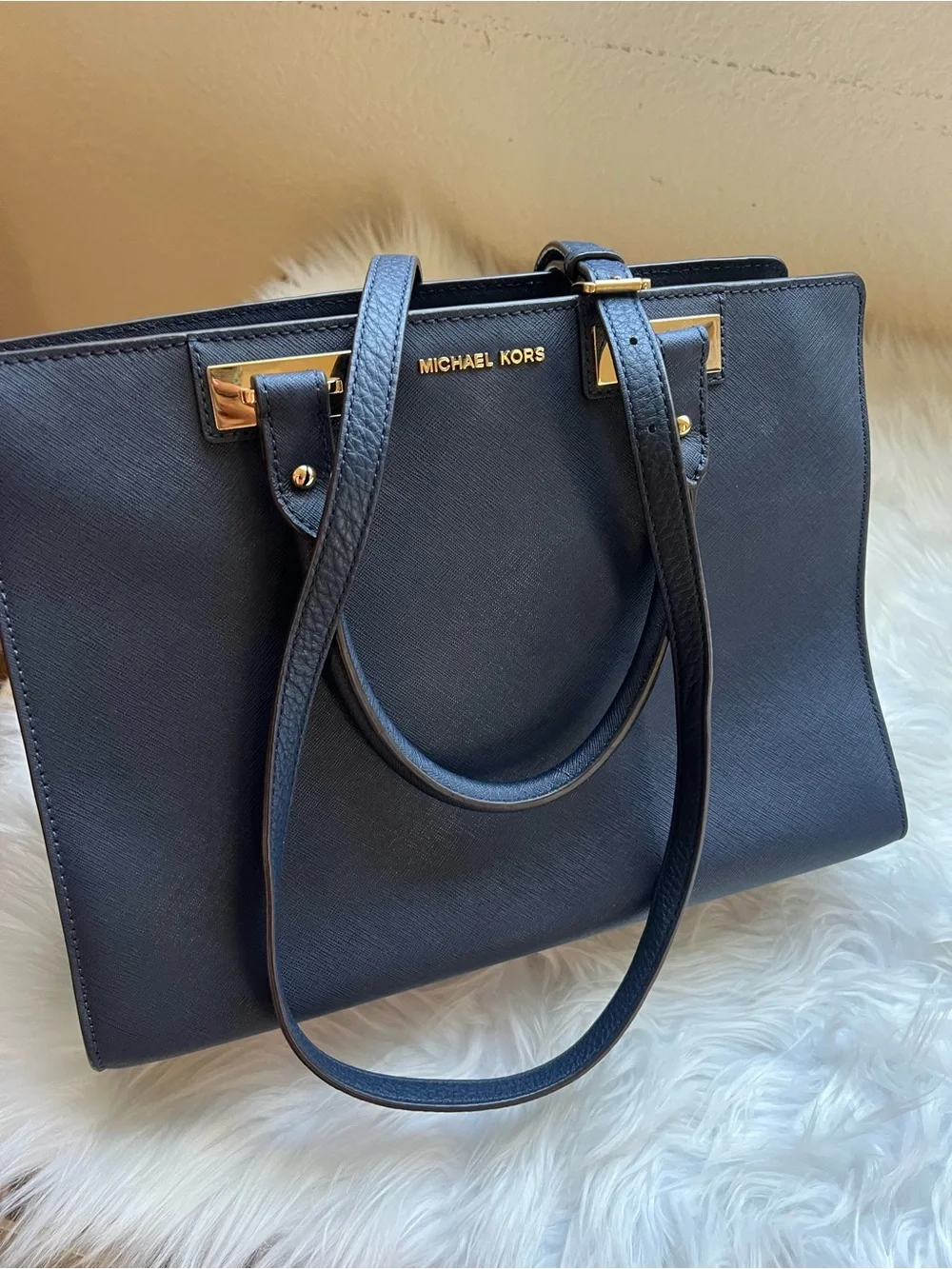 Michael Kors Navy Saffiano Satchel with Gold Hardware